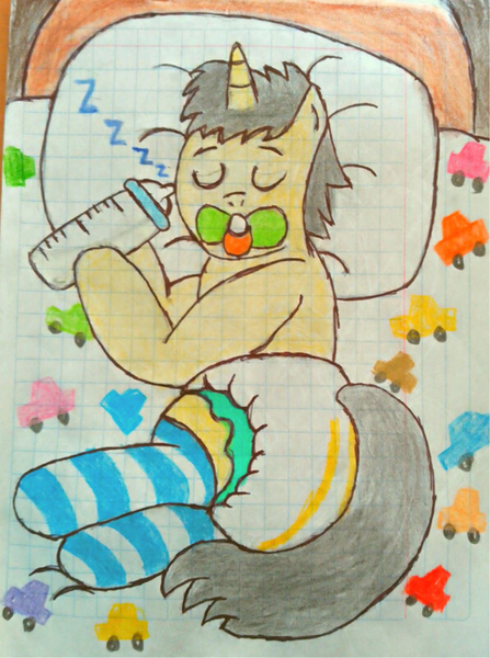 Size: 1391x1866 | Tagged: safe, artist:bitter sweetness, derpibooru import, oc, oc:bitter sweetness, unofficial characters only, unicorn, abdl, baby blanket, baby bottle, bed, clothes, colored background, diaper, diaper dry, diaper fetish, dry diaper, fetish, graph paper, hooves, image, mattress, pacifier, pillow, png, sleeping, socks, striped socks