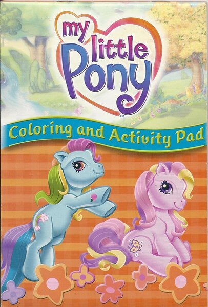 Size: 649x960 | Tagged: safe, derpibooru import, official, photographer:gwendelyn, fluttershy (g3), rainbow dash (g3), earth pony, pony, g3, book cover, coloring book, cover, flower, heart, hoof heart, image, jpeg, jumping, logo, my little pony logo, sitting, underhoof