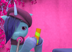 Size: 1462x1070 | Tagged: safe, derpibooru import, edit, edited screencap, screencap, onyx, g5, my little pony: make your mark, spoiler:g5, spoiler:my little pony: make your mark, spoiler:my little pony: make your mark chapter 4, spoiler:mymc04e03, animated, beret, confetti, cropped, gif, hat, image, microphone, my little pony: make your mark chapter 4, party popper, podium, smiling, solo, the jinxie games, when she smiles