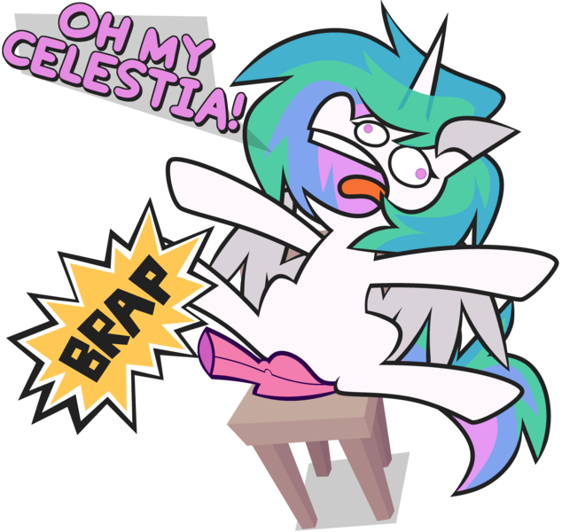 Size: 4960x4696 | Tagged: safe, artist:threetwotwo32232, derpibooru import, princess celestia, alicorn, pony, chair, dialogue, female, image, mare, onomatopoeia, png, reaction to own portrayal, shaped like itself, simple background, sound effects, transparent background, whoopee cushion