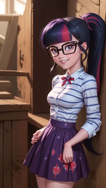 Size: 1080x1920 | Tagged: safe, derpibooru import, machine learning generated, stable diffusion, sci-twi, twilight sparkle, human, ai content, clothes, female, generator:mlptwilightsparkle-10, generator:realcartoon3d, glasses, humanized, image, indoors, jpeg, looking at you, multicolored hair, pleated skirt, prompter:marusame, purple eyes, shirt, skirt, smiling, smiling at you, solo, solo female, striped shirt, wood