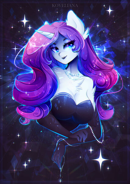 Size: 1600x2255 | Tagged: safe, artist:koveliana, derpibooru import, rarity, anthro, unicorn, black dress, breasts, bust, busty rarity, cleavage, clothes, dress, evening gloves, gloves, image, jewelry, jpeg, lidded eyes, long gloves, necklace, pearl necklace, portrait, smiling, solo