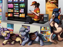 Size: 4261x3187 | Tagged: safe, artist:pridark, derpibooru import, oc, oc:gusty, oc:iron feather, oc:lotus cinder, unofficial characters only, gryphon, human, kirin, pegasus, pony, fanfic:words of power, earbuds, fanfic art, female, gas station, griffon oc, image, kirin oc, male, mare, pegasus oc, png, sneaking, stallion, wings