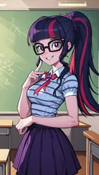 Size: 1080x1920 | Tagged: safe, derpibooru import, machine learning generated, stable diffusion, sci-twi, twilight sparkle, human, ai content, chalkboard, classroom, clothes, desk, female, generator:expmixlinev3, generator:mlptwilightsparkle-10, glasses, humanized, image, indoors, jpeg, looking at you, multicolored hair, pleated skirt, ponytail, prompter:marusame, purple eyes, shirt, skirt, smiling, smiling at you, solo, solo female, striped shirt