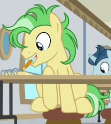 Size: 376x421 | Tagged: safe, derpibooru import, screencap, polo play, earth pony, pony, friendship university, animated, cropped, g4, gif, image, las pegasus resident, male, pencil, saturn (g4), sitting, solo focus, stallion, writing