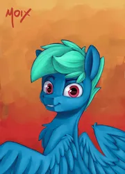 Size: 4000x5549 | Tagged: safe, artist:supermoix, derpibooru import, oc, oc:supermoix, pegasus, pony, chest fluff, cute, digital painting, green hair, image, looking at you, male, pink eyes, png, simple background, solo, solo male, spread wings, stallion, wings