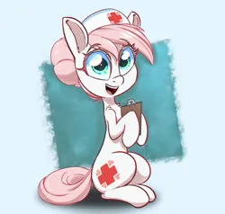 Size: 1000x952 | Tagged: safe, artist:inkypuso, derpibooru import, nurse redheart, earth pony, pony, big eyes, blue background, clipboard, eyebrows, eyebrows visible through hair, female, hoof hold, image, jpeg, looking at you, mare, open mouth, open smile, passepartout, shoulder fluff, simple background, sitting, sitting up, smiling, smiling at you, solo