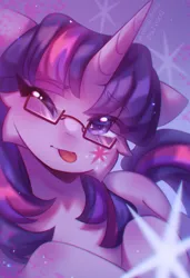 Size: 2572x3768 | Tagged: safe, artist:dedfriend, derpibooru import, sci-twi, twilight sparkle, ponified, pony, unicorn, :p, alternative cutie mark placement, cheek fluff, cute, equestria girls ponified, female, glasses, image, looking at you, lying down, mare, one eye closed, png, prone, sci-twiabetes, signature, smiling, solo, tongue out, wink