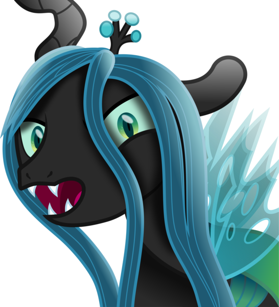 Size: 2891x3175 | Tagged: safe, artist:lincolnbrewsterfan, artist:rainbow~dash, derpibooru import, queen chrysalis, changeling, changeling queen, .svg available, angry, bared teeth, bust, canterlot wedding 10th anniversary, colored sclera, colored sketch, crown, female, floppy ears, gift art, growling, highlights, holes, horn, image, inkscape, jewelry, long hair, long horn, looking at you, movie accurate, multicolored eyes, open mouth, png, present, regalia, shading, sharp teeth, simple background, sketch, snarling, solo, spread wings, style emulation, teeth, transparent background, vector, vector trace, wings