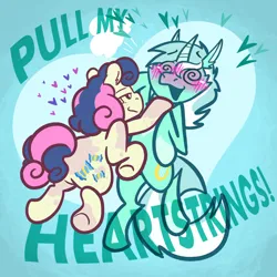 Size: 2048x2048 | Tagged: safe, artist:leafytaffy, derpibooru import, bon bon, lyra heartstrings, sweetie drops, pony, unicorn, duo, female, heart, image, lesbian, lyrabon, mare, open mouth, png, pun, shipping, swirly eyes, text