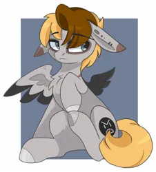 Size: 1330x1468 | Tagged: safe, artist:cinnamontee, derpibooru import, oc, oc:sunny (lrusu), unofficial characters only, hybrid, mule, pegasus, pony, chest fluff, eye clipping through hair, eyebrows, eyebrows visible through hair, floppy ears, image, jpeg, pegamule, sitting, solo, wings