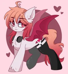 Size: 859x930 | Tagged: safe, artist:cinnamontee, derpibooru import, oc, unofficial characters only, bat pony, pony, bat pony oc, bat wings, chest fluff, clothes, cute, ear fluff, eye clipping through hair, eyebrows, eyebrows visible through hair, female, garter belt, headphones, heart, image, jpeg, looking at you, mare, ocbetes, socks, solo, spread wings, stockings, thigh highs, wings