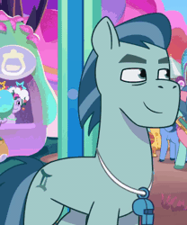 Size: 300x360 | Tagged: safe, derpibooru import, screencap, earth pony, pony, g5, spoiler:tyts01e55, animated, bridlewoodstock (tell your tale), cropped, gif, image, male, rufus, solo focus, stallion, whistle, whistle necklace