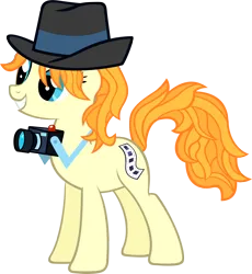 Size: 2303x2503 | Tagged: safe, artist:kishmond, derpibooru import, press pass, press release (character), earth pony, pony, .psd available, camera, female, g4, grin, hat, image, mare, png, simple background, smiling, solo, tail, transparent background, vector