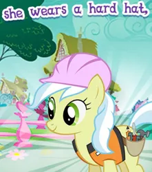 Size: 550x621 | Tagged: safe, derpibooru import, ambrosia, cindy block, earth pony, pony, captain obvious, clothes, cropped, english, female, gameloft, hard hat, hat, image, mare, meme, my little pony: magic princess, png, solo, text, vest, wow! glimmer, you don't say