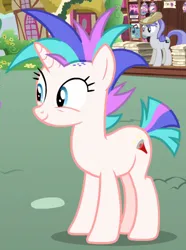 Size: 372x500 | Tagged: safe, derpibooru import, screencap, snappy scoop, unnamed character, unnamed pony, earth pony, pony, unicorn, it isn't the mane thing about you, cropped, g4, hat, horn, image, megaphone (character), mohawk, morning announcement, newspaper, newsstand, outdoors, png, ponyville, short tail, smiling, solo focus, tail