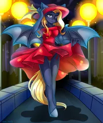 Size: 2120x2536 | Tagged: suggestive, alternate version, artist:yuris, derpibooru import, oc, oc:moondrop, anthro, bat pony, breasts, clothes, commission, dress, dress lift, explicit source, female, hat, image, lantern, night, panties, panty shot, park, png, skirt, smiling, solo, underwear, upskirt, ych result