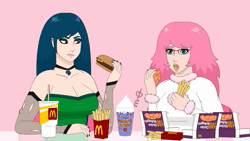 Size: 1920x1080 | Tagged: safe, artist:mixermike622, derpibooru import, queen chrysalis, oc, oc:chrystina, oc:fluffle puff, human, animated, boob freckles, breasts, burger, busty queen chrysalis, canon x oc, cheeseburger, chest freckles, chicken meat, chicken nugget, chrysipuff, cleavage, drink, drinking, duo, eating, female, floof'n'friends, food, forest, freckles, french fries, fun cave, glow, glowing eyes, grimace shake, hamburger, humanized, image, lesbian, mcdonald's, meat, meme, milkshake, pillow, pillow fort, shipping, tree, webm