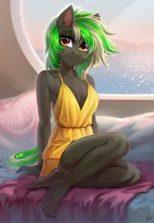 Size: 2000x2900 | Tagged: source needed, safe, artist:hakaina, derpibooru import, anthro, bed, bikini, blanket, bra, breasts, cleavage, clothes, feet, female, image, jpeg, looking at you, solo, solo female, swimsuit, underwear