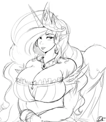 Size: 2033x2337 | Tagged: safe, artist:thelunarmoon, derpibooru import, princess celestia, human, bare shoulders, big breasts, black and white, breasts, busty princess celestia, cleavage, clothes, dress, elf ears, female, grayscale, horn, horned humanization, huge breasts, humanized, image, lipstick, monochrome, png, simple background, smiling, solo, white background, winged humanization, wings