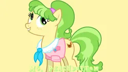 Size: 1920x1080 | Tagged: safe, artist:jeatz-axl, derpibooru import, edit, editor:jaredking779, chickadee, ms. peachbottom, earth pony, pony, clothes, female, image, jpeg, mare, simple background, solo, yellow background
