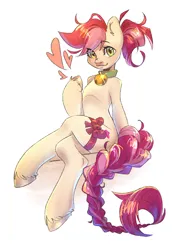 Size: 2048x2834 | Tagged: safe, alternate version, artist:draco zero, derpibooru import, roseluck, earth pony, pony, semi-anthro, alternate hairstyle, bell, bell collar, braid, braided tail, collar, commission, commissioner:doom9454, crossed legs, cute, image, png, pony pet, ponytail, ribbon, rosepet, simple background, sitting, solo, tail, white background