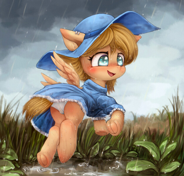 Size: 1126x1080 | Tagged: suggestive, artist:darkstylerz, derpibooru import, oc, oc:frozen spirit, pegasus, pony, clothes, commission, cute, dress, frog (hoof), hat, hooves, image, jpeg, panties, rain, solo, underhoof, underwear, wet