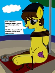 Size: 6241x8192 | Tagged: safe, artist:cardshark777, derpibooru import, oc, oc:liz (cardshark777), unofficial characters only, pony, beach, beanie, bondage, brown mane, brown tail, cloud, duct tape, female, grin, hat, helpless, image, looking at you, mare, nervous, nervous grin, png, rope, sand, sitting, sky, smiling, solo, speech bubble, tail, talking, talking to viewer, tape, text, tied up, towel, umbrella, water