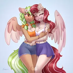 Size: 3508x3508 | Tagged: safe, artist:dandy, derpibooru import, oc, oc:cherry heart, oc:sylvia evergreen, unofficial characters only, anthro, pegasus, accessory, belly button, blushing, braid, braided pigtails, breast squish, breasts, chest fluff, cleavage, clothes, daisy dukes, denim, denim shorts, duo, ear fluff, eyebrows, eyebrows visible through hair, eyes closed, flower, flower in hair, hair tie, high res, hug, image, pegasus oc, pigtails, png, short shirt, shorts, skirt, smiling, tanktop, twin braids, wings