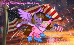 Size: 1865x1131 | Tagged: safe, artist:maverickmam, artist:tanahgrogot, derpibooru import, oc, oc:princess kincade, oc:tiffany fisher, unofficial characters only, alicorn, earth pony, pony, 4th of july, alicorn oc, american flag, base used, best friends, clothes, cute, duo, duo female, earth pony oc, eyes closed, female, fireworks, flag, flower, glasses, grin, gritted teeth, happy, hat, holiday, horn, hug, ibispaint x, image, independence day, mare, medibang paint, ocbetes, photo, png, shoes, simple background, smiling, sunset, teeth, united states, watermark, wings