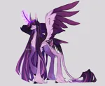 Size: 3888x3177 | Tagged: safe, artist:iheyyasyfox, derpibooru import, twilight sparkle, twilight sparkle (alicorn), alicorn, classical unicorn, pony, unicorn, alternate design, cloven hooves, curved horn, ethereal wings, female, glow, glowing horn, gray background, high res, horn, image, leonine tail, long legs, mare, new crown, png, signature, simple background, solo, starry eyes, starry wings, tail, tail feathers, tall, twitterina design, ultimate twilight, unshorn fetlocks, wingding eyes, wings