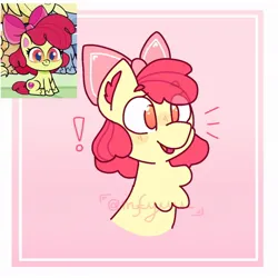 Size: 1024x1024 | Tagged: safe, artist:mfyuu_, derpibooru import, apple bloom, earth pony, pony, my little pony: pony life, alternate hairstyle, chest fluff, exclamation point, female, filly, foal, image, jpeg, reference used, solo