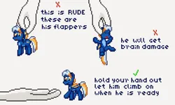 Size: 768x464 | Tagged: safe, artist:nitobit, derpibooru import, oc, oc:moonlight wane, unofficial characters only, bat pony, pony, disembodied hand, hand, holding a pony, how to handle a pony, image, male, meme, pixel art, png, ponified meme, simple background, smol, stallion, text, tiny, tiny ponies