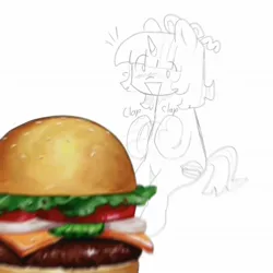 Size: 2048x2048 | Tagged: safe, artist:ombnom, derpibooru import, oc, oc:burger mare, unofficial characters only, pony, unicorn, burger, clapping, food, image, jpeg, open mouth, simple background, sitting, sketch, smiling, solo, white background