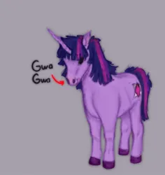 Size: 1283x1361 | Tagged: safe, artist:ombnom, derpibooru import, twilight sparkle, pony, unicorn, image, jpeg, purple background, simple background, solo, standing, text, unicorn twilight