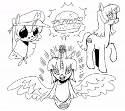 Size: 1024x906 | Tagged: safe, artist:ombnom, derpibooru import, oc, oc:burger mare, unofficial characters only, alicorn, pony, unicorn, alicorn oc, burger, food, horn, image, jpeg, looking at you, magic, monochrome, open mouth, simple background, sketch, smiling, solo, spread wings, white background, wings