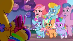 Size: 3072x1727 | Tagged: safe, derpibooru import, screencap, hitch trailblazer, earth pony, pegasus, pony, unicorn, g5, my little pony: tell your tale, spoiler:g5, spoiler:my little pony: tell your tale, spoiler:tyts01e55, bridlewoodstock (tell your tale), female, filly, foal, glory (g5), grin, image, jpeg, male, mare, open mouth, open smile, peach fizz, pippsqueak trio, seashell (g5), smiling, stallion, windy (g5)