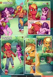 Size: 1555x2250 | Tagged: safe, artist:chocokangoo, artist:lummh, artist:tomi_ouo, derpibooru import, apple bloom, applejack, big macintosh, sugar belle, anthro, earth pony, unguligrade anthro, unicorn, comic:lovely pear, breasts, comic, commissioner:dualreason, echoes, female, food, group, image, kiss on the cheek, kissing, looking at each other, looking at someone, male, pear, playful, png, shipping, smiling, smiling at each other, straight, sugarmac