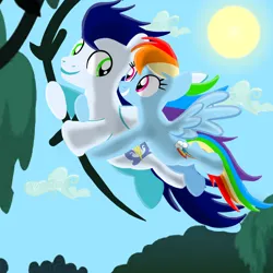 Size: 1400x1400 | Tagged: safe, artist:mlplary6, derpibooru import, rainbow dash, soarin', pegasus, pony, cloud, female, image, looking at each other, looking at someone, male, mare, png, shipping, sky, smiling, smiling at each other, soarindash, stallion, straight, sun, tree, vine