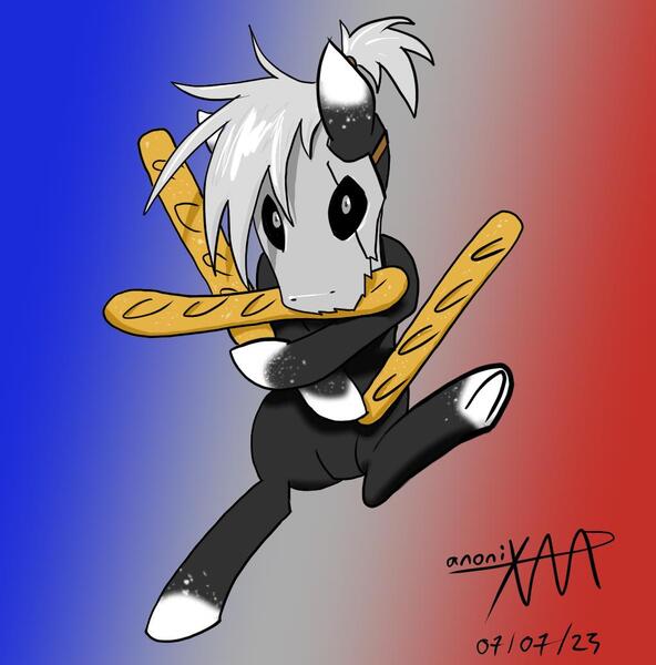 Size: 1023x1037 | Tagged: safe, derpibooru import, oc, unofficial characters only, earth pony, pony, anime reference, baguette, bread, food, french flag, gradient background, gray coat, gray eyes, image, jpeg, mask, solo
