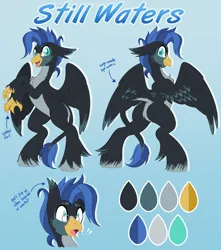 Size: 4784x5418 | Tagged: safe, artist:pearlyiridescence, derpibooru import, oc, oc:still waters, unofficial characters only, hippogriff, cormorant, glasses, hippogriff oc, image, leonine tail, male, png, rearing, reference sheet, solo, tail, talons, unshorn fetlocks