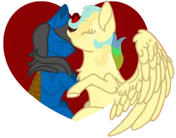Size: 2341x1845 | Tagged: safe, artist:duran301, derpibooru import, oc, oc:flare flare, oc:harvest duran, unofficial characters only, kirin, pegasus, pony, base used, duo, eyes closed, forehead kiss, heart, image, kirin oc, kissing, large wings, no mouth, pegasus oc, png, simple background, wings
