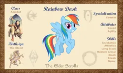 Size: 10100x6000 | Tagged: safe, artist:ponygamer2020, derpibooru import, rainbow dash, pegasus, pony, absurd resolution, bio, female, flying, image, jpeg, looking at you, makeup, mare, morrowind, oblivion, reference sheet, skyrim, smiling, smiling at you, solo, the elder scrolls, the elder scrolls: equestria, vector, wings