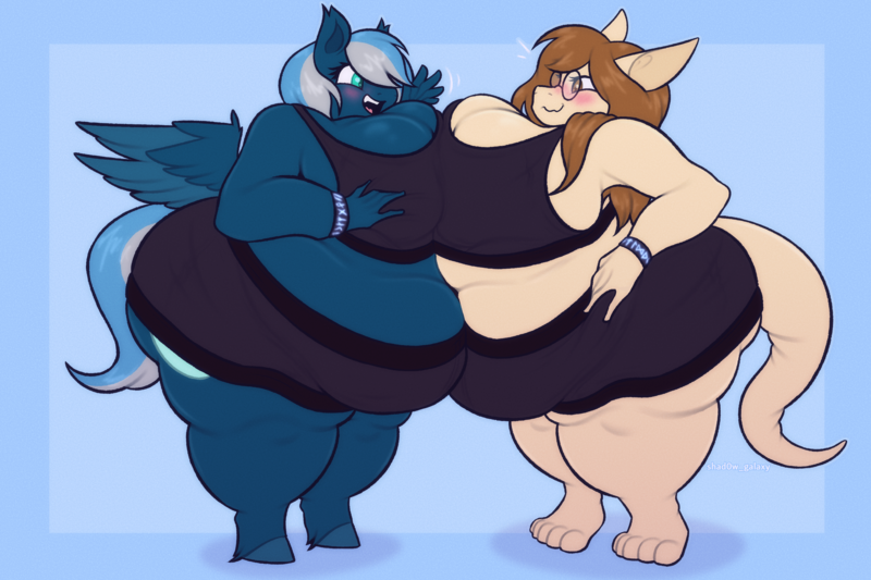 Size: 3000x2000 | Tagged: questionable, artist:shad0w-galaxy, derpibooru import, oc, oc:vivid tone, anthro, dragon, pegasus, belly, belly squish, big belly, big breasts, blushing, breast squish, breasts, butt, clothes, commission, duo, fat, female, fetish, glasses, high res, hooves, huge belly, huge breasts, huge butt, hyper, image, impossibly large belly, impossibly large breasts, impossibly large butt, large butt, morbidly obese, obese, open mouth, png, shorts, simple background, smiling, sports bra, sports shorts, unshorn fetlocks