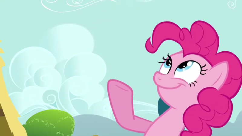 Size: 1366x768 | Tagged: safe, derpibooru import, screencap, pinkie pie, earth pony, pony, a friend in deed, season 2, blue eyes, female, grin, happy, hooves, image, look what pinkie found, looking up, mare, meme, meme origin, pink coat, pink fur, pink hair, pink mane, png, sky, smiling, solo