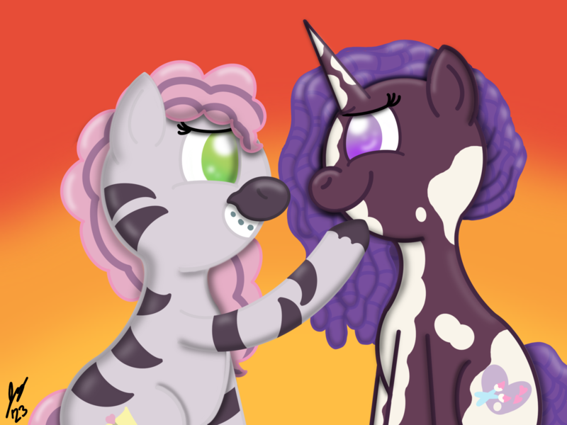 Size: 2160x1620 | Tagged: safe, artist:jesslmc16, derpibooru import, idw, violette rainbow, unicorn, zebra, g5, comic, cutie mark, digital art, dreadlocks, duo, duo female, female, gradient background, image, lighting, looking at each other, looking at someone, png, procreate app, raised hoof, shading, sitting, skye, smiling, smiling at each other, vitiligo