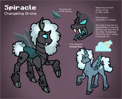 Size: 2017x1633 | Tagged: safe, derpibooru import, oc, oc:cloudy day, oc:spiracle, changeling, insect, pegasus, pony, blue eyes, changeling oc, character design, cloven hooves, cutie mark, disguise, fangs, feathered fetlocks, fluffy mane, folded wings, forked tongue, holes, image, insect wings, png, reference sheet, solo, transparent wings, white mane, wings