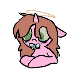 Size: 430x430 | Tagged: safe, derpibooru import, oc, oc:lemon balm, unofficial characters only, pony, bags under eyes, bite mark, brown mane, green eyes, halo, image, pacifier, png, scar, self harm, self harm scars, simple background, solo, transparent background