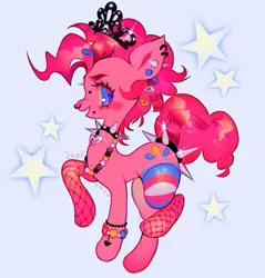 Size: 563x588 | Tagged: artist needed, source needed, safe, derpibooru import, pinkie pie, earth pony, pony, alternate hairstyle, beads, blue background, blue eyes, bracelet, choker, crown, ear piercing, earring, fishnets, hairclip, heart necklace, image, jewelry, jpeg, lip piercing, necklace, nonbinary pride flag, nose piercing, nose ring, pansexual pride flag, piercing, pink coat, pink hair, pink mane, pride, pride flag, raised hoof, raised leg, regalia, simple background, snake bites, solo, spiked choker, stars, transgender pride flag