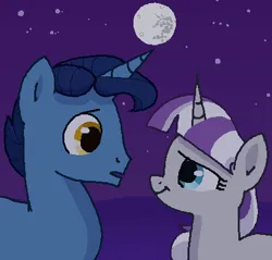 Size: 422x404 | Tagged: safe, artist:kleyime, derpibooru import, night light, twilight velvet, pony, unicorn, atg 2023, female, image, looking at each other, looking at someone, male, mare, mare in the moon, moon, ms paint, newbie artist training grounds, night, nightvelvet, png, shipping, stallion, straight